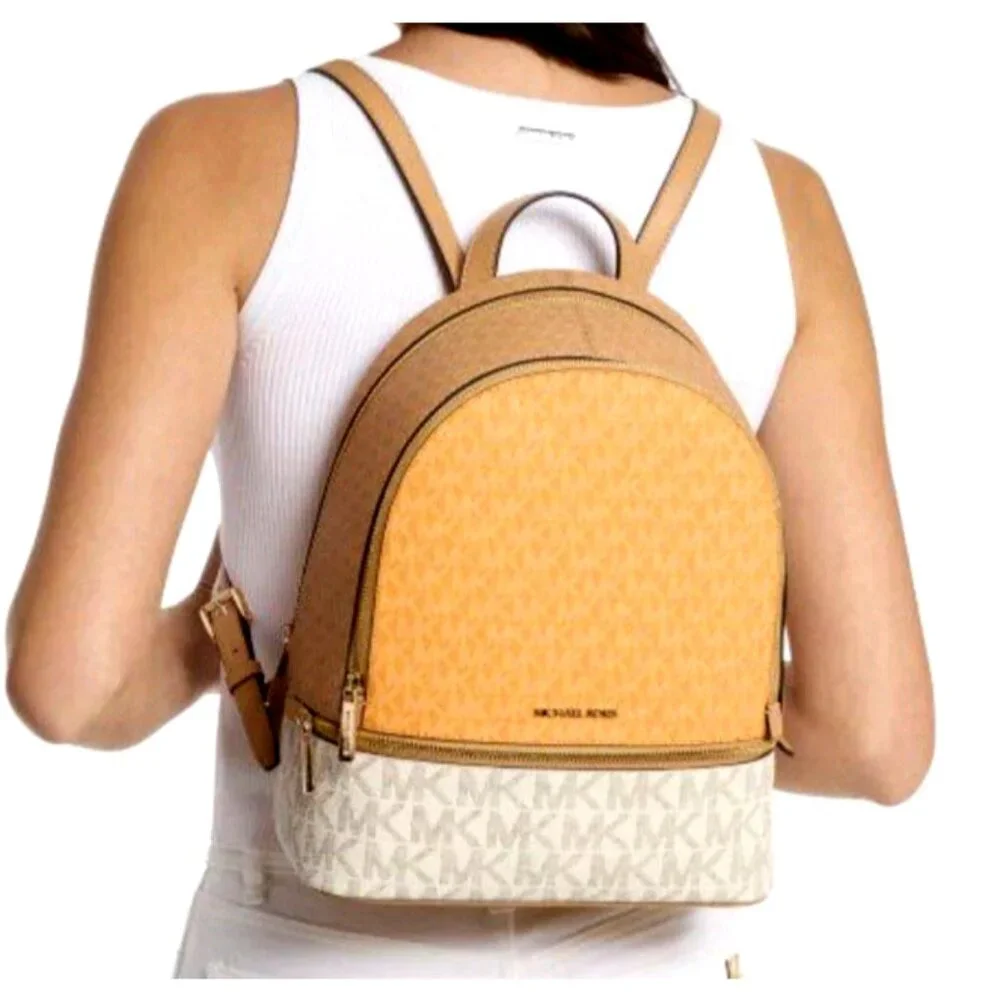 New Michael Kors Rhea Medium Colorblock Signature Logo Backpack Pop Orange Multi - Picture 4 of 4